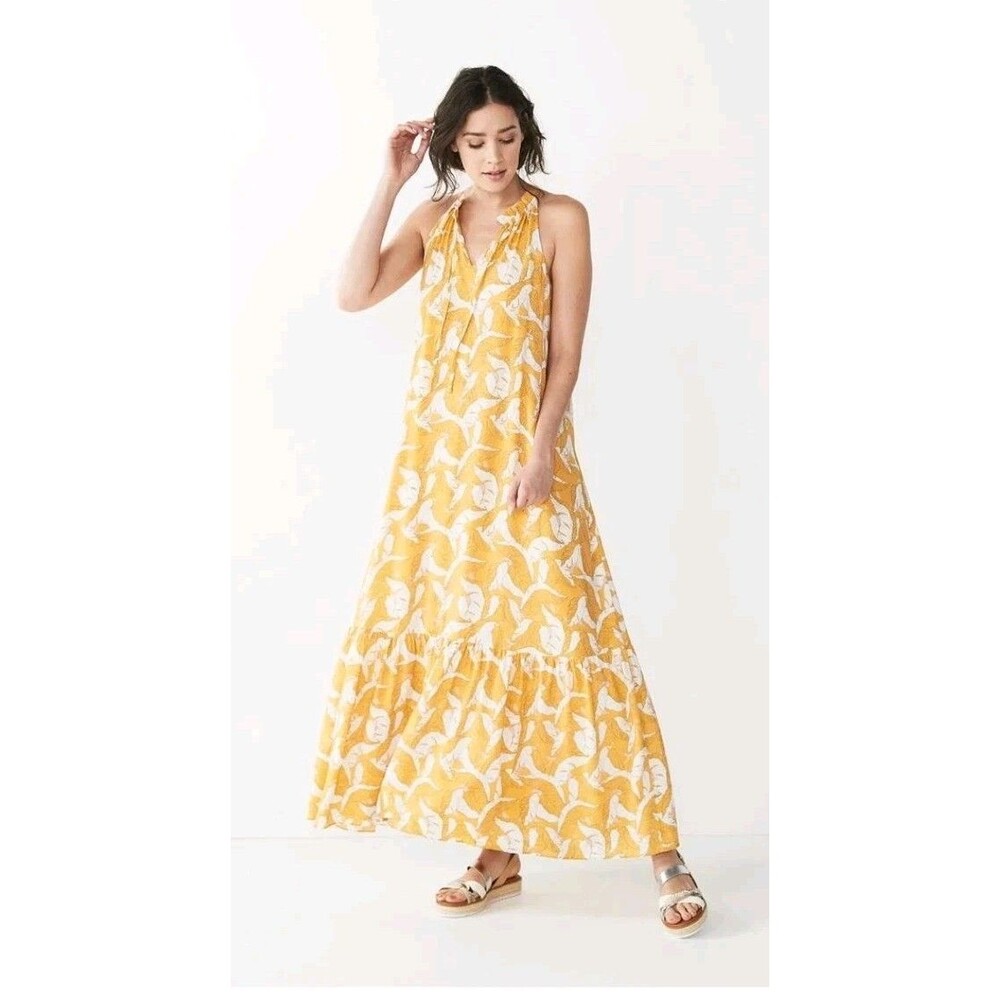 Nine West Textured Tiered Dress Sleeveless Yellow Summer Lined Womens Large - Picture 1 of 14